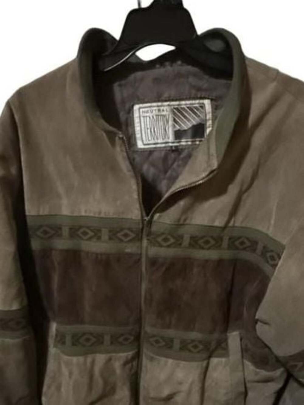 Neutral Territory Vintage Suede Leather Bomber Jacket with Aztec Southwest Patte
